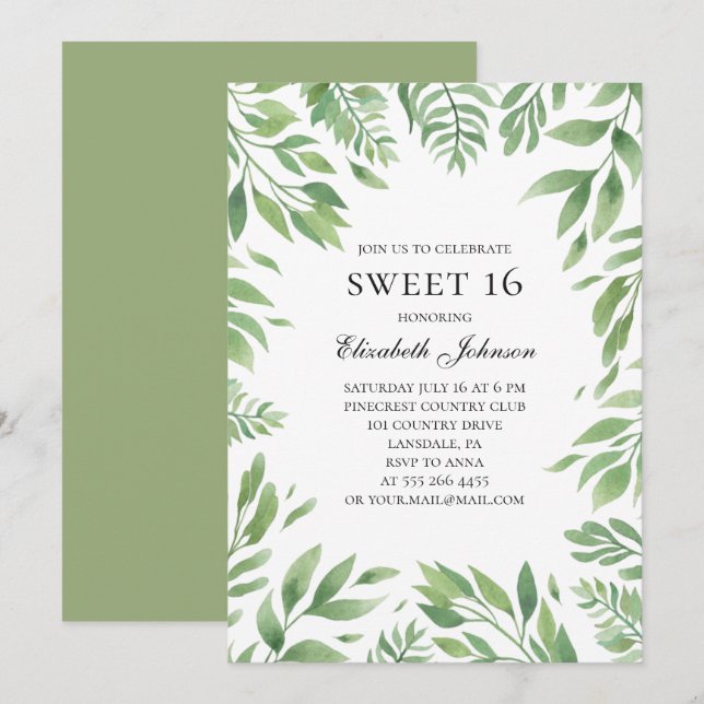 Invitation Summer Sweet 16. Jardin botanique 16e anniversaire (Devant / Derrière)