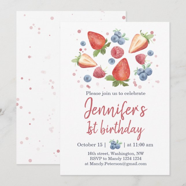 Invitation Summer Sweet Berry fraise 1er anniversaire Invitat (Devant / Derrière)