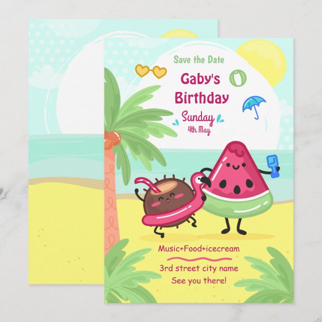 Invitation Summer Tropical Beach Party Anniversaire (Devant / Derrière)