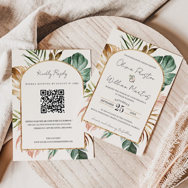 Invitation Summer Tropical Feuille Arch QR Code RSVP Mariage (Summer Tropical Leaves Arch QR Code RSVP Wedding Invitation)