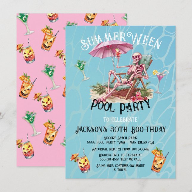 Invitation Summer Ween Halloween Beach Skeleton (Devant / Derrière)
