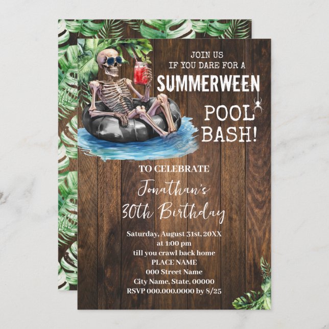Invitation Summerween Skeleton Tropical Halloween Birthday (Devant / Derrière)