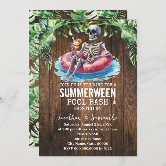 Invitation Summerween Skeleton Tropical Pool Bash (Devant / Derrière)
