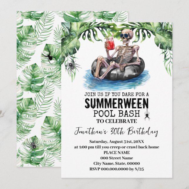 Invitation Summerween Tropical Skeleton Birthday Party (Devant / Derrière)