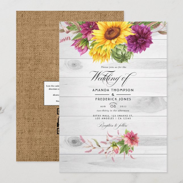 Invitation Sun & Bourgogne Floral QR Code RSVP Russe Mariage (Devant / Derrière)