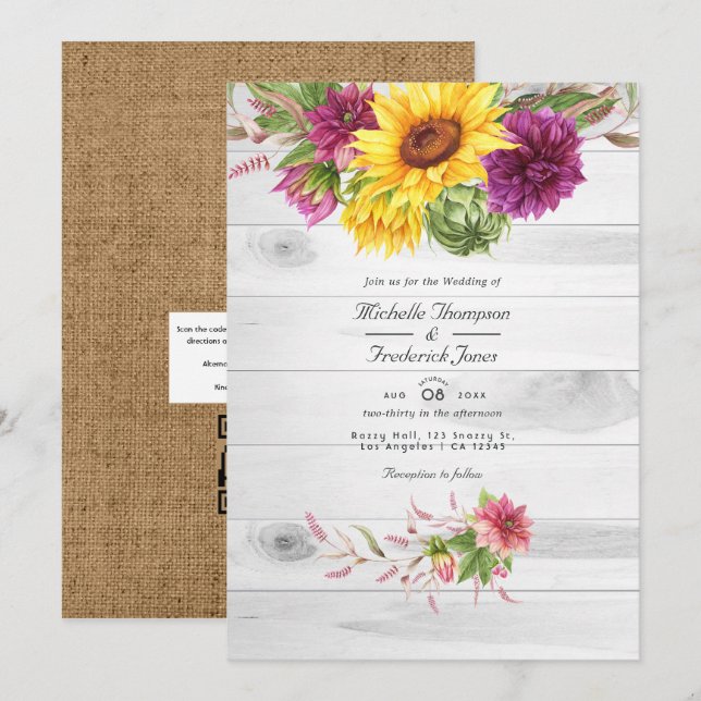 Invitation Sun & Burgundy Plum Floral Rustic QR Code Mariage (Devant / Derrière)