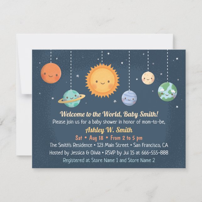 Invitation Sun mignon et baby shower de l'espace de planètes (Devant)