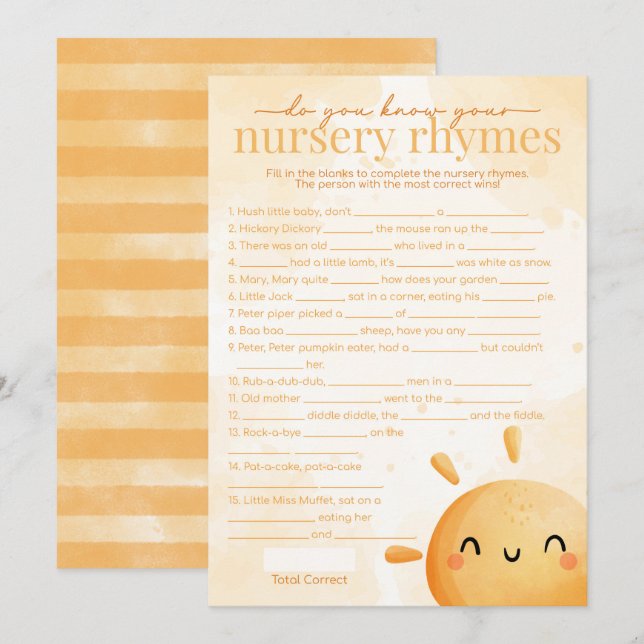 Invitation Sun Sunshine Nursery Rhyme Baby shower Jeu (Devant / Derrière)