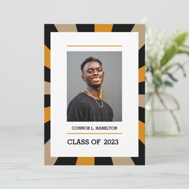 Invitation Sunburst | Black Gold Orange Photo Graduation (Debout devant)
