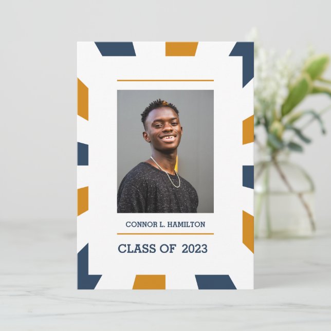 Invitation Sunburst | Blue Orange White Photo Graduation (Debout devant)