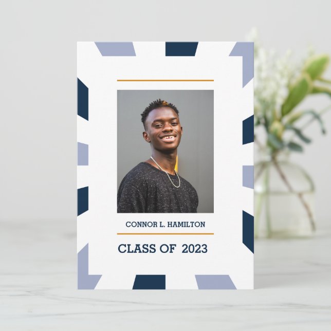 Invitation Sunburst | Blue periwinkle white Photo Graduation (Debout devant)