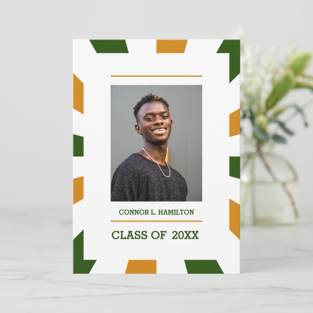 Invitation Sunburst |Green Orange White Photo Graduation (Debout devant)