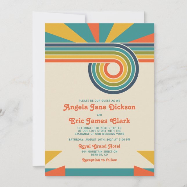 Invitation Sunburst Love 'les années 70 Mariage rétro inspiré (Devant)