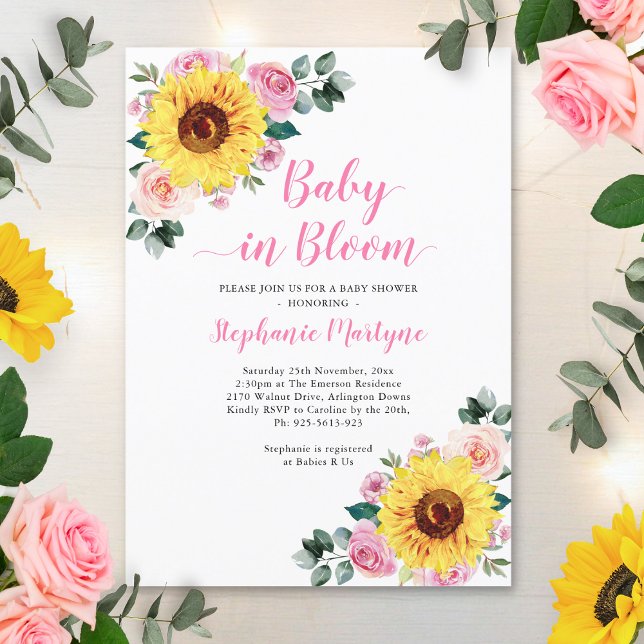 Invitation Sunflower Baby En Fleur Baby shower Floral rose (Créateur téléchargé)