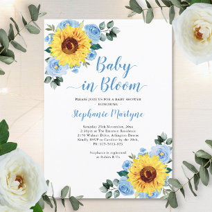 Invitation Sunflower Baby En Fleur Dusty Baby shower bleu