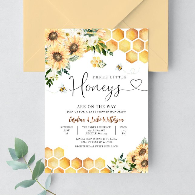 Invitation Sunflower Bee Twin Triplet Baby shower de miel (Créateur téléchargé)