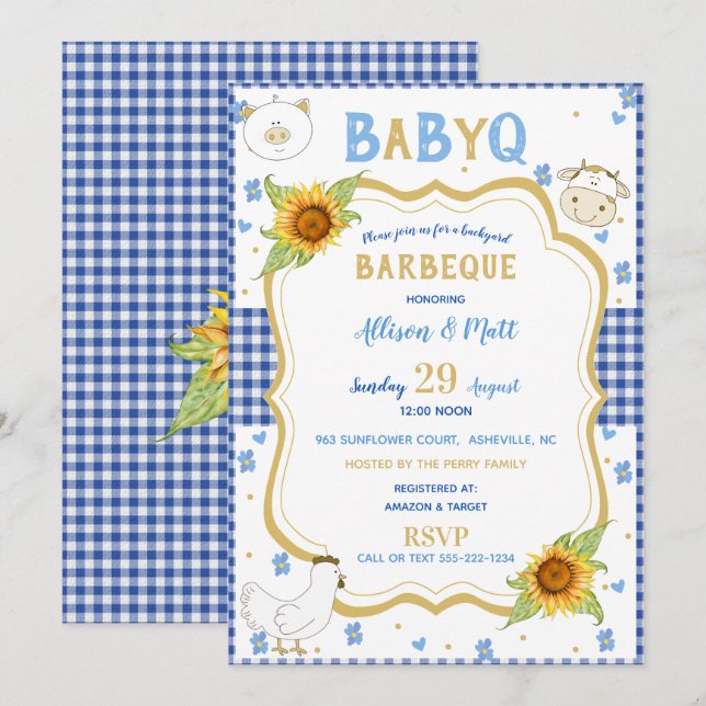 Invitation Sunflower Blue En vichy bébé Q Barbecue (Devant / Derrière)