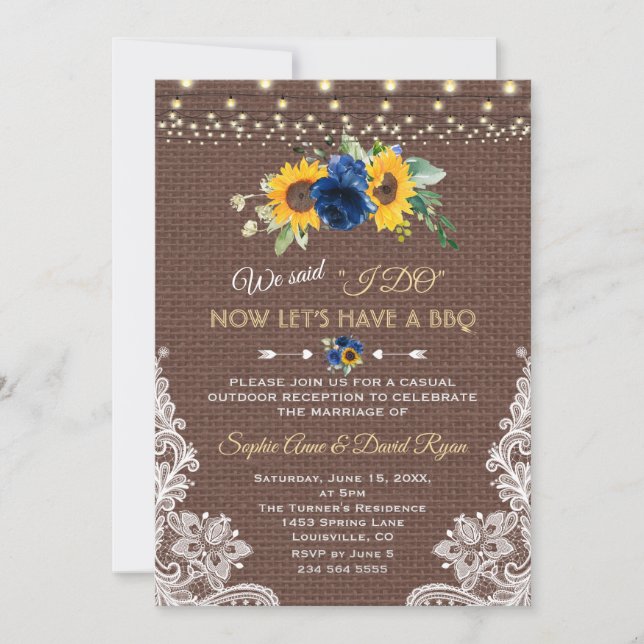 Invitation Sunflower Blue Floral Dentelle Mariage I DO BBQ (Devant)
