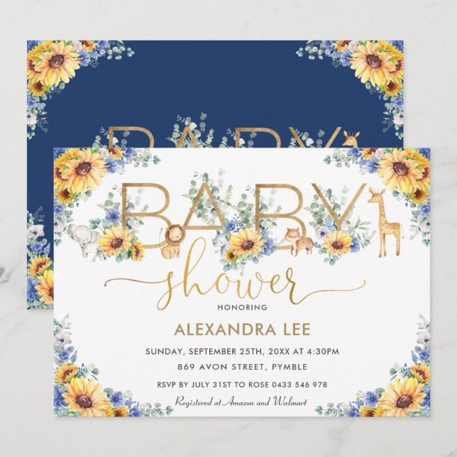 Invitation Sunflower Blue Floral Jungle Baby shower Animaux (Devant / Derrière)