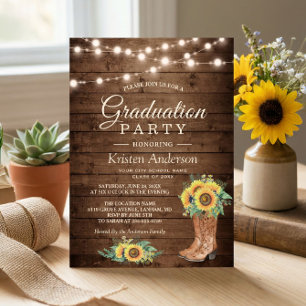 Invitation Sunflower Boots String Lights Graduation Party