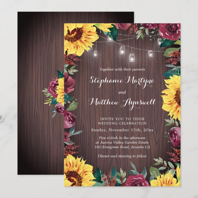 Invitation Sunflower Bourgogne Floral Bois Jar Lumières Maria (Devant / Derrière)