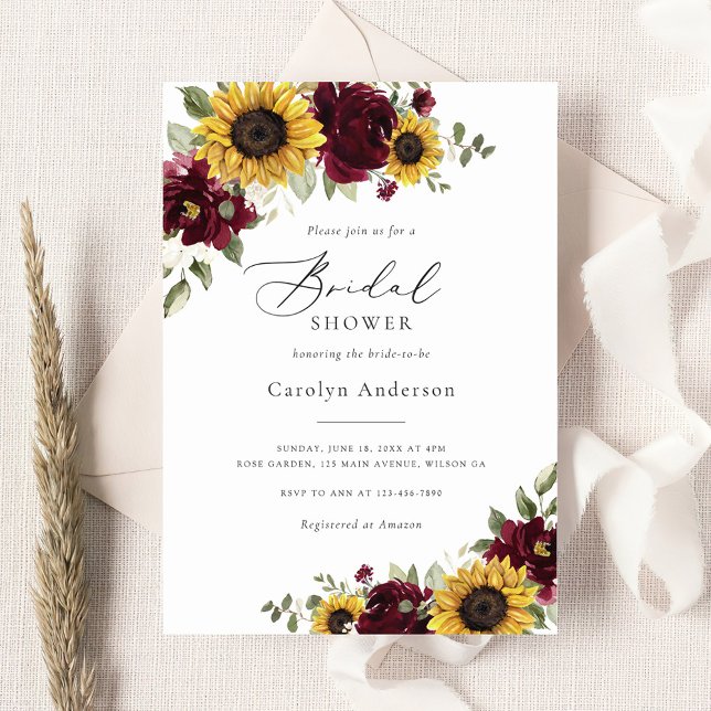 Invitation Sunflower Bourgogne Floral Russe Fête des mariées (Créateur téléchargé)