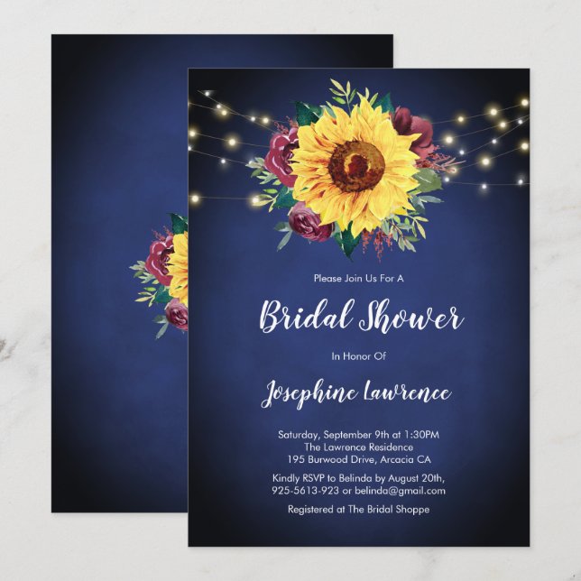 Invitation Sunflower Bourgogne Rose Lumières Fête des mariées (Devant / Derrière)