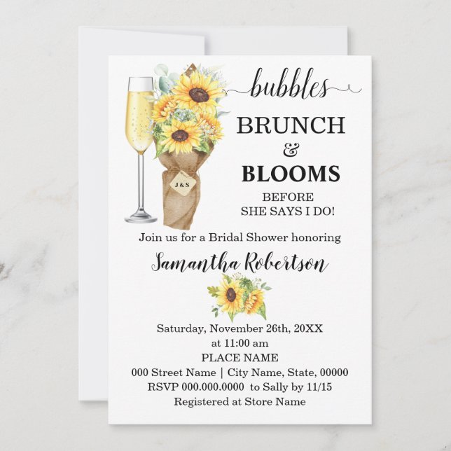 Invitation Sunflower Bubbles Brunch & Blooms Fête des mariées (Devant)