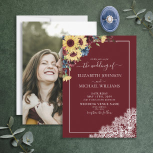 Invitation Sunflower Burgundy Navy Blue Script Photo Mariage