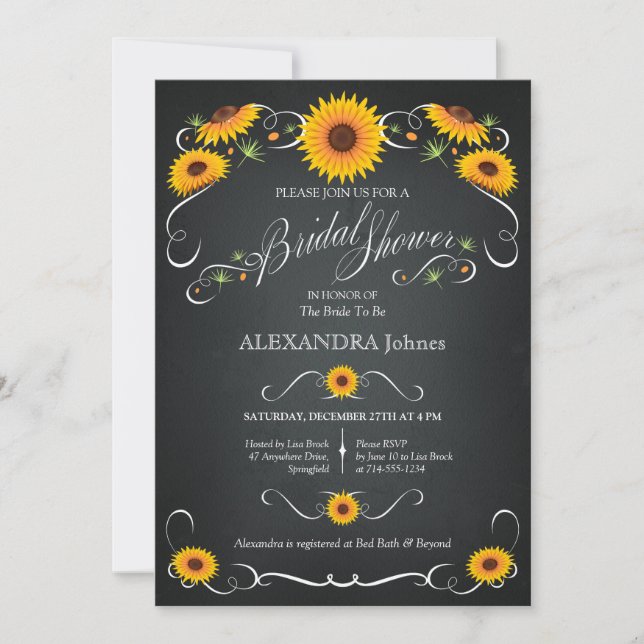 Invitation Sunflower Chalkboard Fête des mariées florale Vint (Devant)