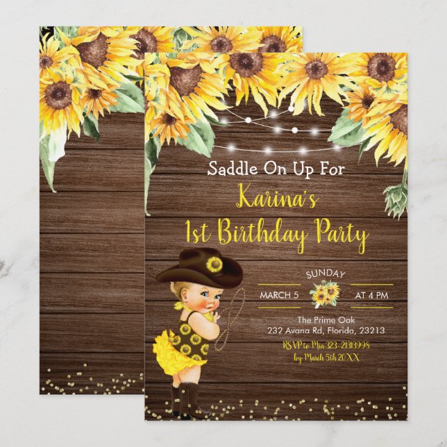 Invitation Sunflower Cowgirl rustique Blonde Girl Baby shower (Devant / Derrière)