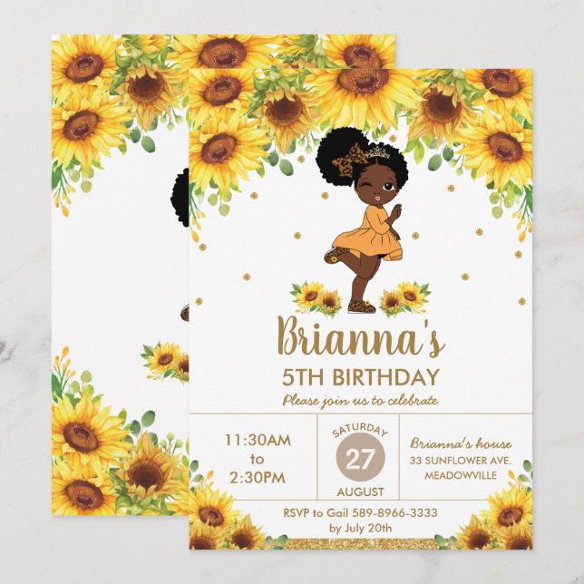 Invitation Sunflower Cute African American Girl Birthday (Devant / Derrière)