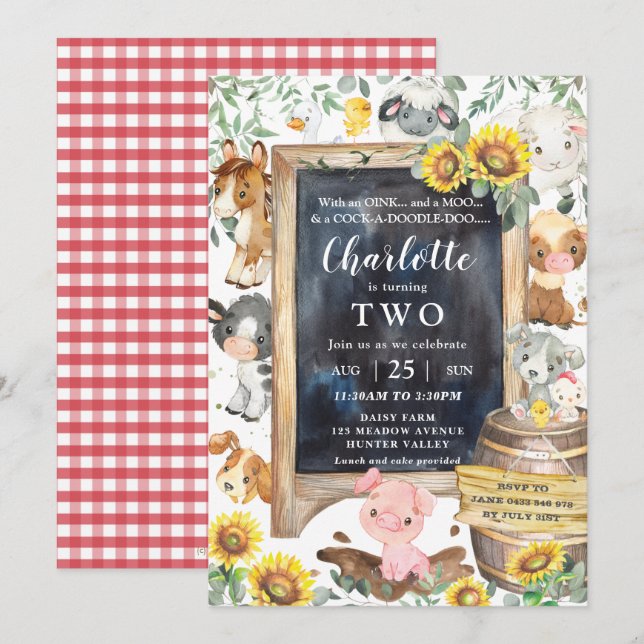 Invitation Sunflower Cute Farm Animaux Barnyard Anniversaire (Devant / Derrière)