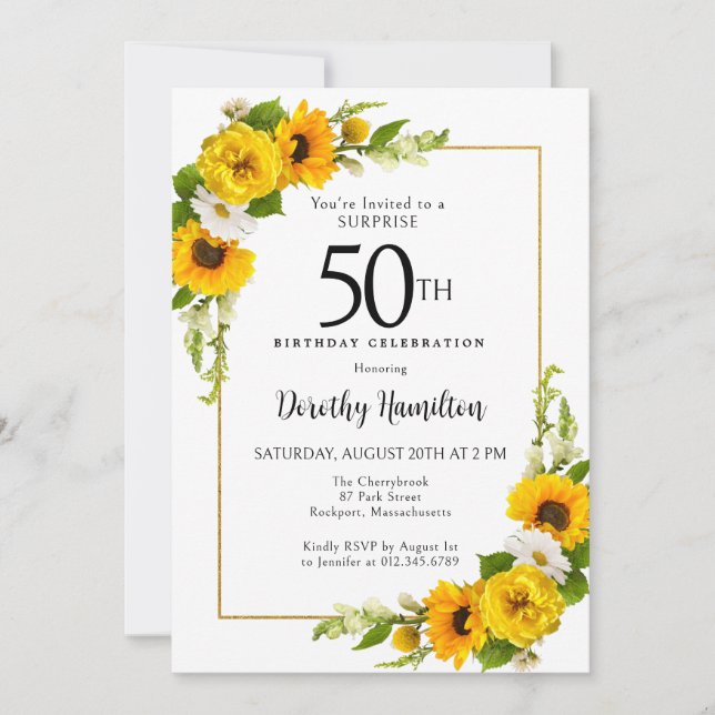 Invitation Sunflower Daisy 50e anniversaire Surprise Party (Devant)