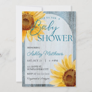 Invitation Sunflower Dusty Bleu Rustique Baby shower en bois