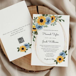 Invitation Sunflower Dusty Blue Rustic Code QR Mariage