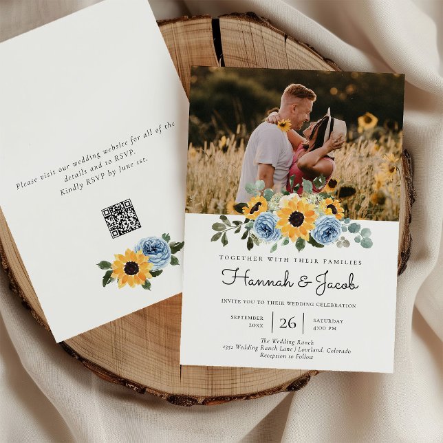 Invitation Sunflower Dusty Blue Rustic Photo Code QR Mariage (Créateur téléchargé)