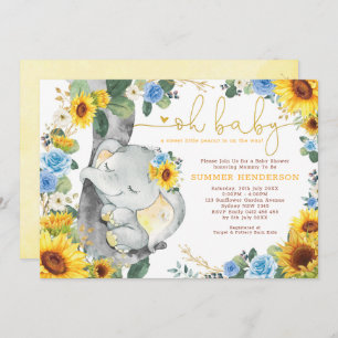 Invitation Sunflower Elephant Bleu Rose Baby shower vert
