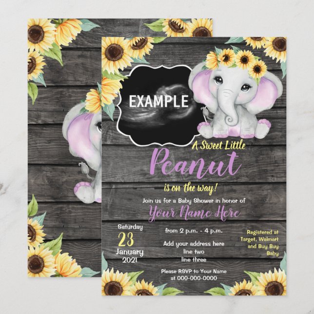 Invitation Sunflower Elephant Ultrasound Baby shower violet (Devant / Derrière)