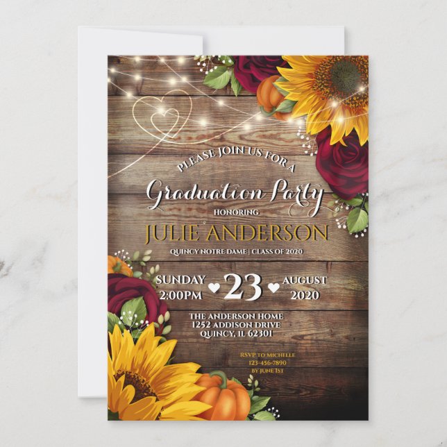 Invitation Sunflower et Rose Rustic Graduation Party (Devant)