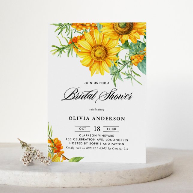 Invitation Sunflower et Sea Buckthorn QR Code Fête des mariée (Botanical bridal shower QR code invitation featuring illustrations of sunflower and sea buckthorn.)