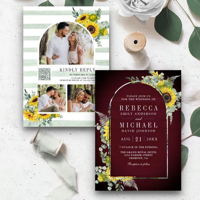 Invitation Sunflower Eucalyptus Arch QR Code Mariage Bourgogn (Créateur téléchargé)