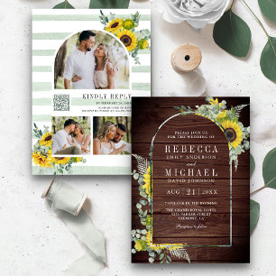 Invitation Sunflower Eucalyptus Arch QR Code Mariage en bois
