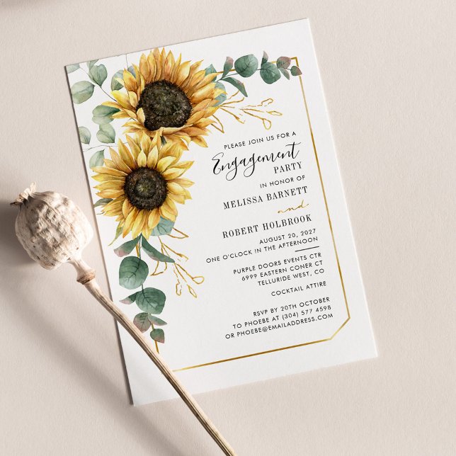 Invitation Sunflower Eucalyptus Gold Fiançailles géométrique (Floral Sunflower Eucalyptus Greenery Wedding Engagement Party Invitation)