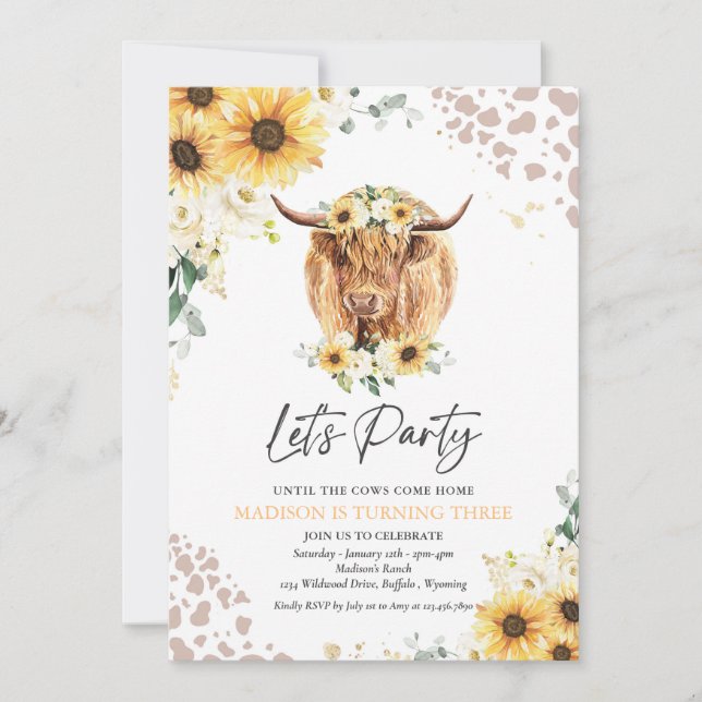 Invitation Sunflower Floral Highland Vache fête d'anniversair (Devant)