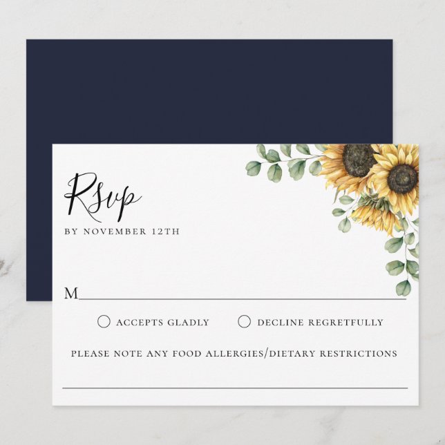 Invitation Sunflower Floral Mariage Allergie alimentaire Cart (Devant / Derrière)