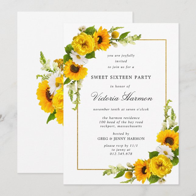 Invitation Sunflower Gold Frame Sweet 16 Party (Devant / Derrière)