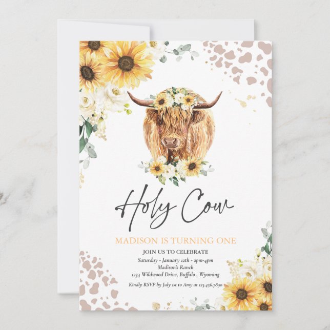 Invitation Sunflower Holy Cow I'm One Highland Cow Birthday (Devant)