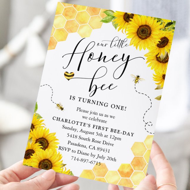Invitation Sunflower Honey Bee Premier anniversaire (Créateur téléchargé)