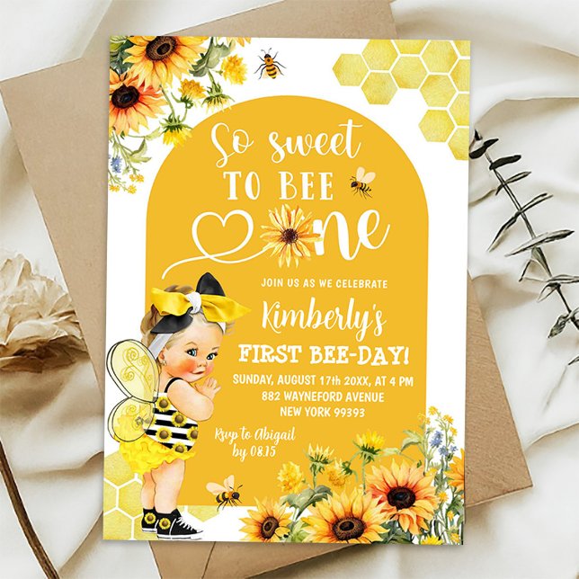 Invitation Sunflower Honey Blonde Girl First Bee Day Annivers (Créateur téléchargé)